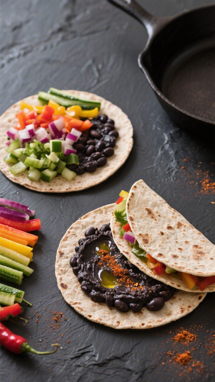 Overhead flat lay of rainbow veggie quesadillas being assembled: whole-wheat tortillas spread with a smooth black bean smash (black beans mashed with olive oil, cumin, mild chili powder, and a splash of water), brightly colored finely chopped veggies lined up for filling, one tortilla half folded showing the layers; a hot skillet nearby, minimal props, vibrant colors contrasted against a dark slate surface