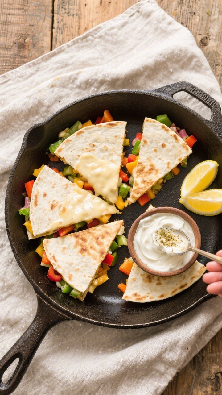 Overhead flat lay of rainbow veggie quesadillas in wedges on a cast-iron skillet: tortillas toasted light golden with melted cheese edges, colorful fine dice of bell peppers and other mixed veggies peeking from cut sides. A small bowl of creamy white bean spread (white beans blitzed with Greek yogurt, lemon juice, and garlic powder) is shown being spooned onto an open tortilla half on the side. Garnish with a few lemon wedges; neutral linen and rustic wood backdrop, crisp, vibrant colors.