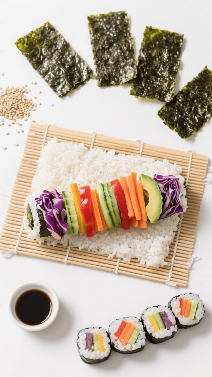 Overhead flat lay of Rainbow Veggie Sushi Rolls kids can build themselves: glossy nori sheets (4 sheets) laid on a bamboo mat, a strip of seasoned sushi rice, vibrant matchstick veggies neatly arranged—rainbow carrots, cucumber, red bell pepper, avocado, purple cabbage—plus sesame seeds and a small ramekin of soy sauce. One roll mid-assembly with a tight line of veggies, another already sliced into bite-size maki showing colorful cross-sections. Clean white surface, bright natural light, crisp textures, no hands, professional styling.