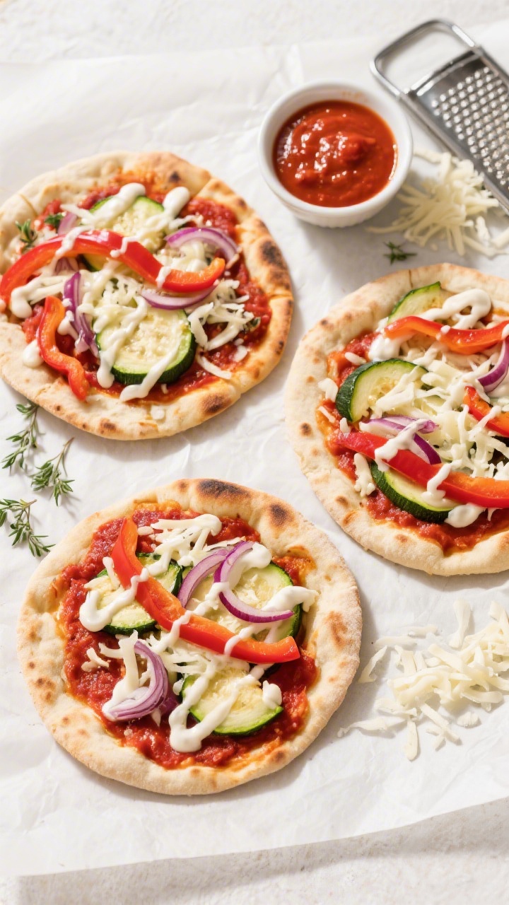 Overhead flat lay of veggie-loaded flatbread pizzas on a parchment-lined sheet: naan bases spread with vivid red pizza sauce, topped with bubbling shredded mozzarella, thinly sliced red bell pepper strips, half-moon zucchini, and wisps of red onion; a glossy garlic ranch drizzle zigzagged over each flatbread, with a ramekin of extra sauce, a grater dusted with mozzarella shreds, and scattered oregano; bright, fresh colors, crisp edges, studio daylight.