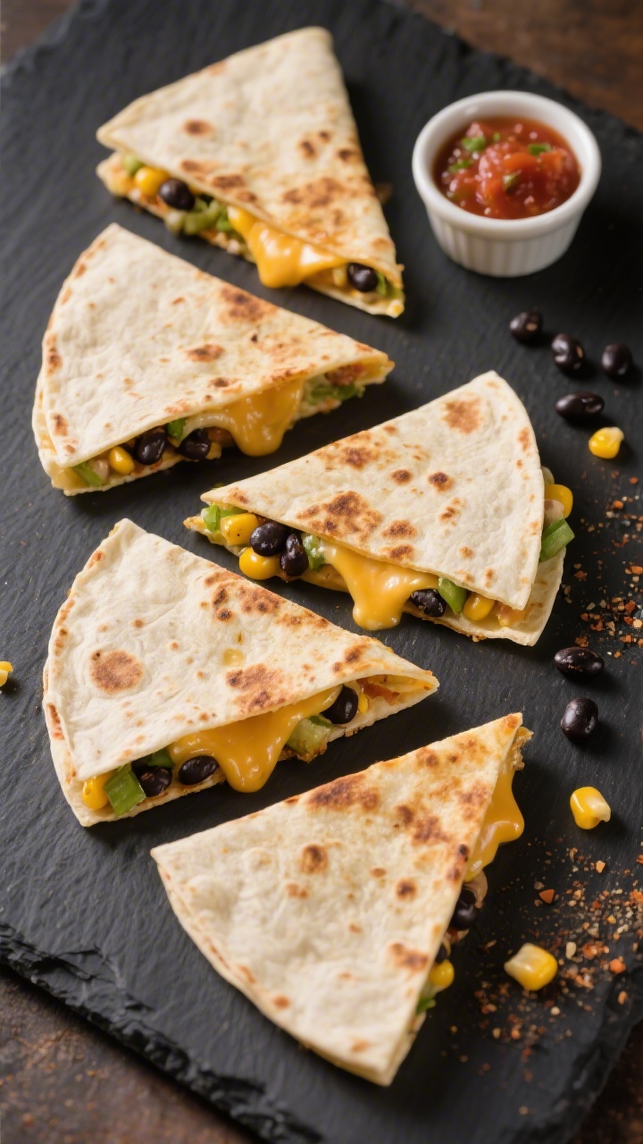 Overhead flat lay of veggie-packed quesadilla triangles: four small flour tortillas folded and crisped, cut into neat wedges with melted mozzarella or mild cheddar stretching at the edges; specks of mashed black beans and corn kernels peeking from each slice. Styled on a dark slate board with a sprinkle of mild seasoning and a tiny ramekin of salsa on the side; a few loose black beans and corn kernels scattered for context. Bright, high-contrast lighting to emphasize gooey cheese and golden tortilla spots.