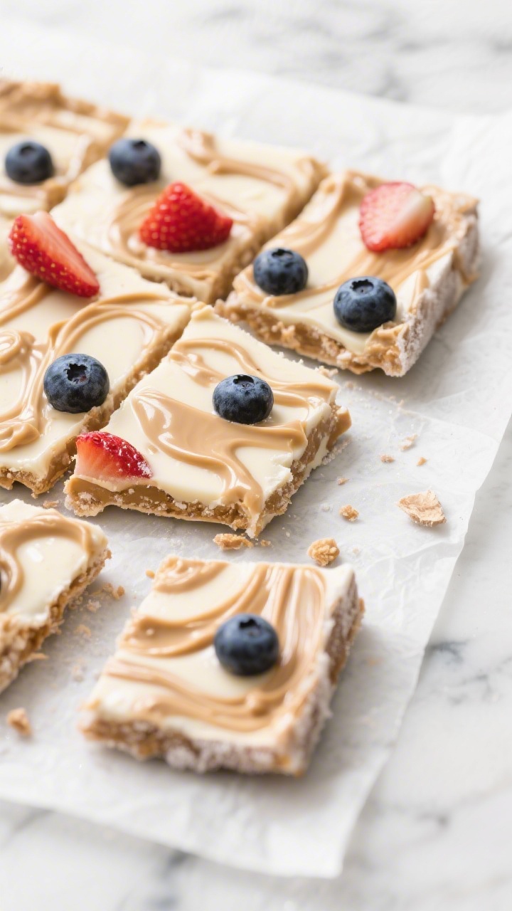 Overhead freezer bark scene: peanut butter yogurt bark broken into toddler-friendly pieces on parchment, marble backdrop; swirled pattern of full-fat Greek yogurt and creamy peanut butter with a light honey sheen, studded with mixed berries (blueberries, sliced strawberries), edges slightly frosty but no hard crunch elements; minimal props, cool soft light emphasizing smooth texture.