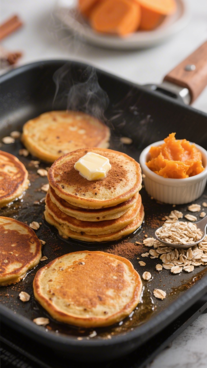 Overhead griddle action shot of sweet potato pancakes: small, round pancakes mid-cook with tiny oat flecks visible, edges just setting; warm orange hue from mashed sweet potato, a sprinkle of cinnamon dusted on top of the finished stack to the side with a pat of melting butter; ingredients implied with a small ramekin of oats and a spoonful of sweet potato puree nearby, cozy brunch mood.