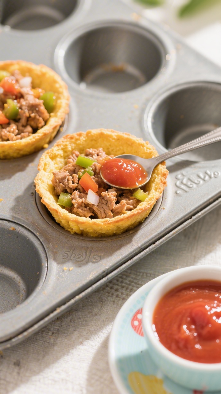 Overhead image of soft turkey taco cups with cornbread “shells”: mini muffin-tin cornbread cups filled with saucy ground turkey, very finely chopped bell pepper and onion, and a spoonful of unsalted tomato sauce, mildly seasoned. Arranged neatly in the tin with two cups plated on a small kid-sized plate nearby. Bright, family-dinner styling, a small bowl of extra tomato sauce on the side. Golden cornbread texture and moist turkey filling in focus, natural daylight.