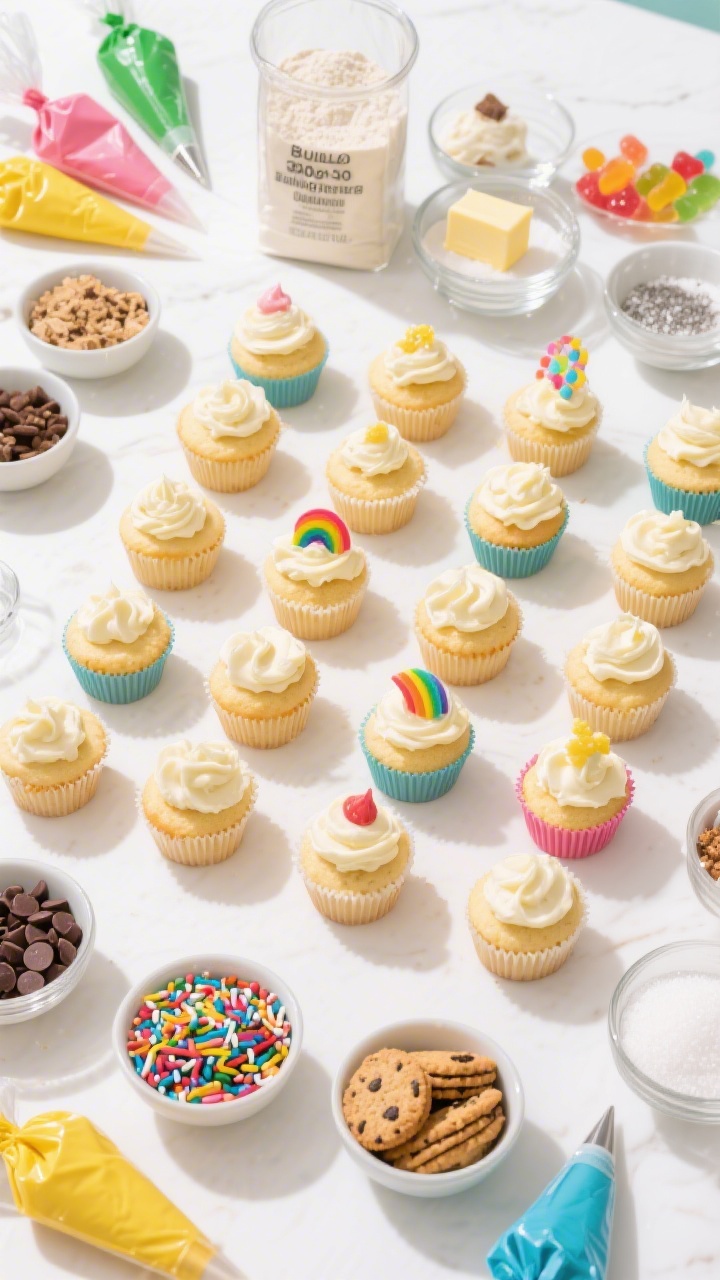 Overhead ingredient-and-assembly scene for a Build-Your-Own Cupcake Bar: a grid of vanilla cupcakes unfrosted and some partially frosted, surrounded by bowls of toppings. Include clear elements from the base batter—300 g all-purpose flour, baking powder, baking soda, fine sea salt, room-temperature unsalted butter, and granulated sugar staged in small bowls. Piping bags of colorful buttercreams, rainbow sprinkles, mini chocolate chips, crushed cookies, and gummy toppers arranged neatly. Bright, playful styling on a white table, colorful liners visible, emphasis on interactivity and variety.