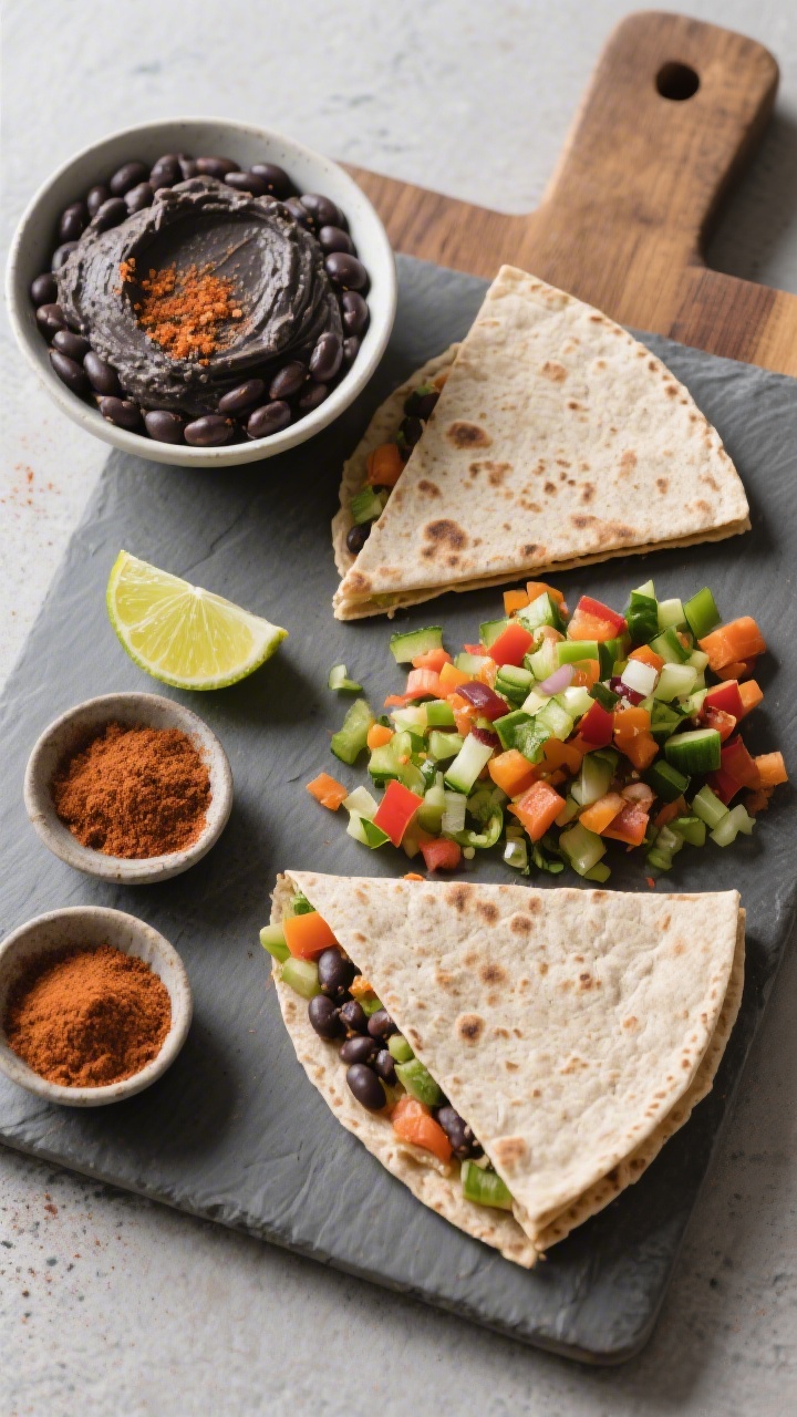 Overhead ingredient-and-assembly shot for veggie-packed egg-free quesadilla triangles with bean spread: whole-wheat tortillas on a board, a bowl of smooth black bean spread mixed with cumin, mild chili powder or smoked paprika, and lime juice; a pile of very finely chopped mixed veggies ready for filling. One tortilla half spread with beans and sprinkled with veggies, another already folded and cut into neat triangles showing the speckled bean layer. Colorful, healthful palette with warm spices; styled on a matte slate surface with a small lime wedge and pinch bowls of spices.