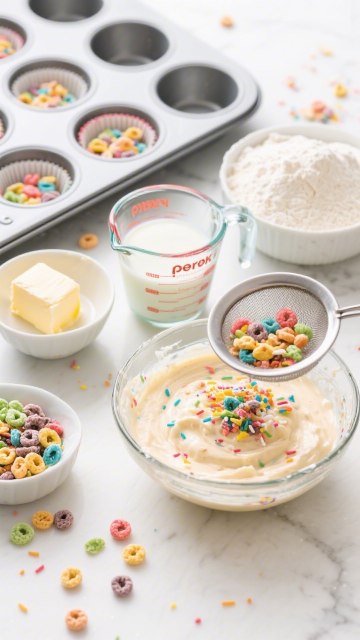 Overhead ingredient-and-batter prep scene for Rainbow Fruity Cereal Milk Cupcakes: colorful fruity cereal steeping in whole milk in a glass measuring cup, with a sieve showing strained cereal bits; nearby are softened unsalted butter, all-purpose flour, baking powder, and salt in prep bowls; a mixing bowl of pale funfetti-style batter folded with crushed fruity cereal, and lined muffin tin partially filled; scattered intact cereal pieces for texture and color, bright playful styling on a white countertop.