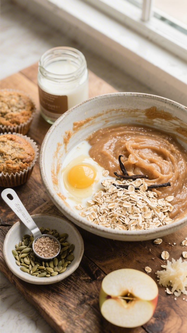 Overhead ingredient-and-batter prep shot for apple oat protein muffins: a mixing bowl with thick batter made from unsweetened applesauce, milk, melted butter, brown sugar, egg, vanilla, and visible oat flakes; a small dish of hemp hearts ready to be folded in, measuring cups dusted with oats, a jar of coconut sugar, and a grated apple on a rustic wooden board; natural window light emphasizing hearty textures.