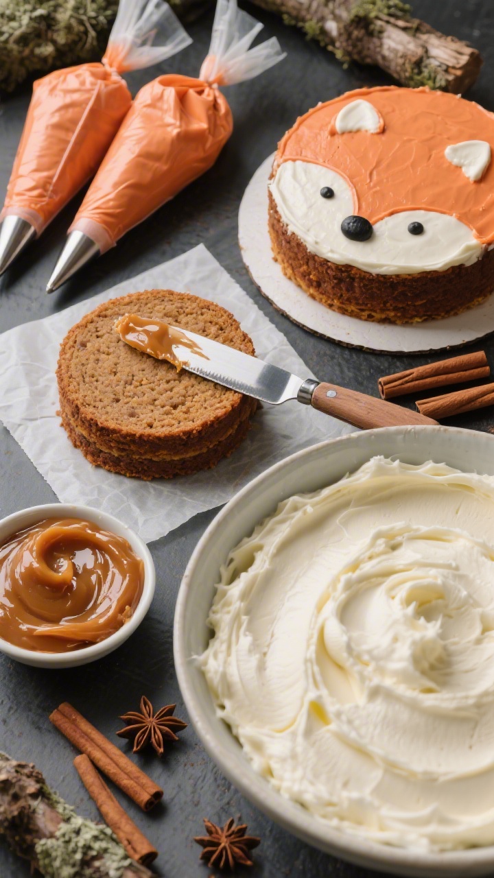 Overhead ingredient and filling prep for the Sleepy Fox Woodland Cake: two 6-inch spice cake layers on parchment, a small bowl of apple butter (optional filling) with a spreading knife showing a glossy swipe, a large bowl of whipped unsalted butter frosting tinted soft fox-orange and white for face patches, piping bags fitted with round tips, cinnamon sticks and star anise as styling props to evoke woodland coziness.