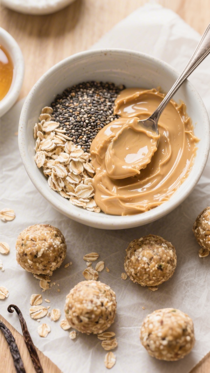Overhead ingredient-and-formation shot of no-bake oat balls with peanut butter and chia: a mixing bowl with glossy creamy peanut butter, quick oats, chia seeds, a ribbon of honey, and vanilla; partially rolled soft spheres dusted lightly with oats arranged on parchment, with a spoon coated in mixture to show soft, not crumbly texture; neutral wood, bright natural light.