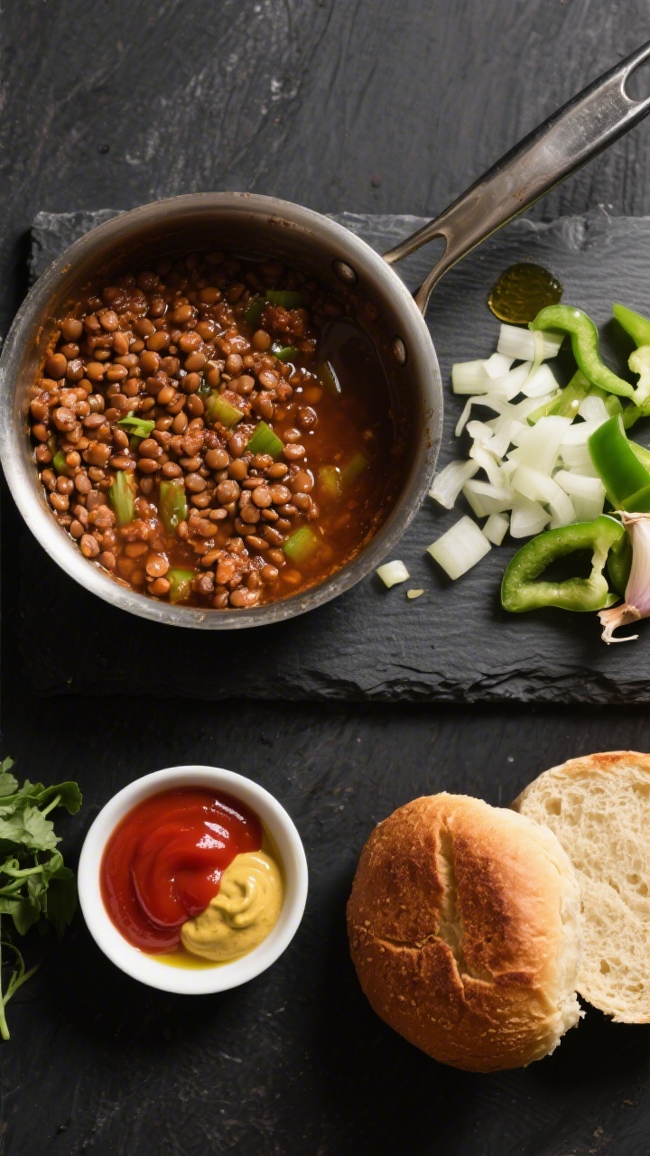 Overhead ingredient-and-process composition for lentil sloppy joes: a saucepan with simmering brown lentils in vegetable broth, next to a skillet of sautéed finely chopped onion, green bell pepper, and garlic in olive oil, a small bowl of tomato sauce/ketchup mixture, mustard, and a splash of vinegar ready to combine; toasted whole-wheat buns off to the side; rich, warm color palette with tidy mise en place on a dark slate surface.