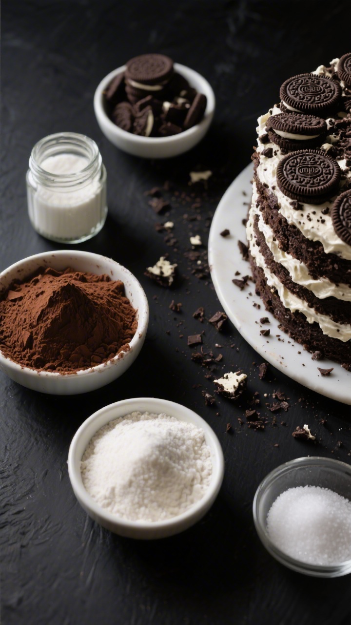 Overhead ingredient and texture shot for a Cookies-and-Cream Oreo Party Cake: dark Dutch-process cocoa powder mounded beside all-purpose flour, baking powder, baking soda, and fine salt in small bowls, granulated sugar in a jar, chopped chocolate sandwich cookies ready for crunchy cookie layers; to the side, a partially stacked chocolate cake shows visible crunchy cookie strata between frosting, crumbs scattered artfully on a matte black surface, moody side light emphasizing contrasts.