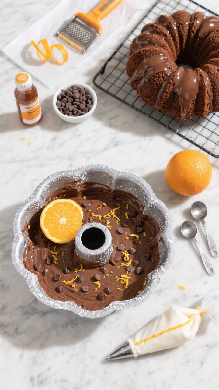 Overhead ingredient prep flat lay for a Race Track Chocolate-Orange ring cake: a Bundt pan lightly greased and dusted, a bowl of chocolate cake batter flecked with the zest of one orange and mini chocolate chips, a bottle labeled orange extract, a small bowl of semi-sweet chocolate chips for the future glaze. Off to the side, a baked chocolate Bundt cooling on a rack, with a spiraled chocolate glaze test drizzle on parchment. Props include a zester with bright orange curls, a whole orange, measuring spoons, and a small piping bag for white icing lane lines. Clean marble surface, bright natural light, crisp shadows, emphasizing citrus zest, glossy chocolate, and the race-track concept.