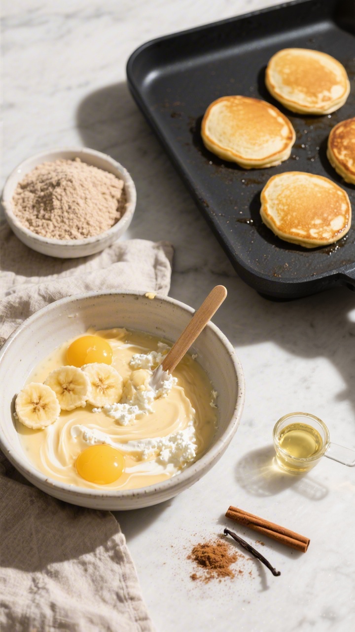 Overhead ingredient-prep flat lay for pancake dippers: a mixing bowl with mashed ripe banana swirled into cottage cheese and eggs, whole wheat flour and baking powder measured out, a tiny puddle of vanilla extract, and a pinch of cinnamon dusted on a linen. On a nearby griddle, a few oval pancake dippers are mid-cook with golden edges. Warm morning light, minimal props, matte black griddle contrasting the golden batter.