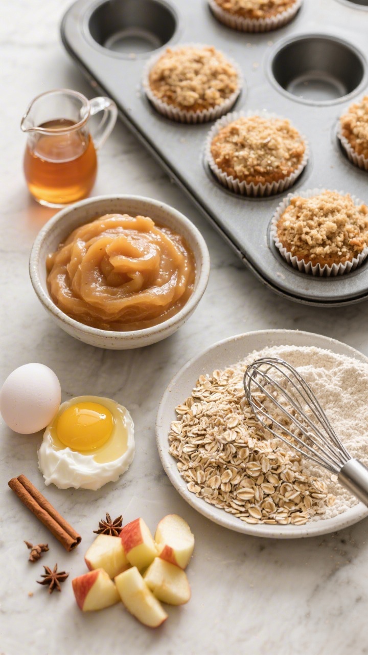 Overhead ingredient-prep flat lay for Soft Apple Cinnamon Protein Muffins with Oat Streusel: bowl of unsweetened applesauce, maple syrup in a small pitcher, melted butter, two eggs, plain Greek yogurt, white whole wheat flour, cinnamon and nutmeg; separate dish of rustic oat streusel with visible oats; a few diced apple bits and a whisk, muffin tin lined and ready; cozy autumn palette, clean composition, soft diffused light.