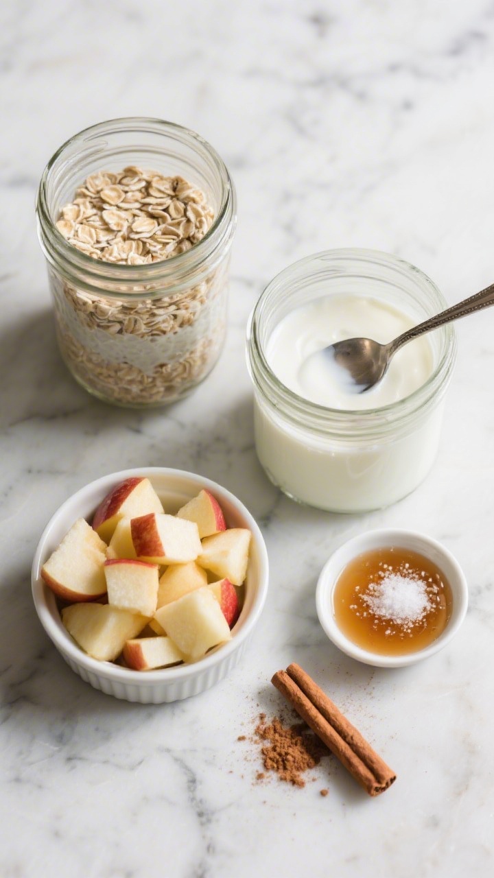 Overhead ingredient-prep shot for apple cinnamon overnight oats: wide-mouth jars partially filled with old-fashioned rolled oats, milk, and yogurt; finely diced Honeycrisp apple piled in a ramekin, a small dish of maple syrup, a dusting of cinnamon, and a pinch of salt; a spoon mid-stir in one jar to show creamy texture and oat swell; cool marble surface, tidy composition, wholesome and cozy morning tone.