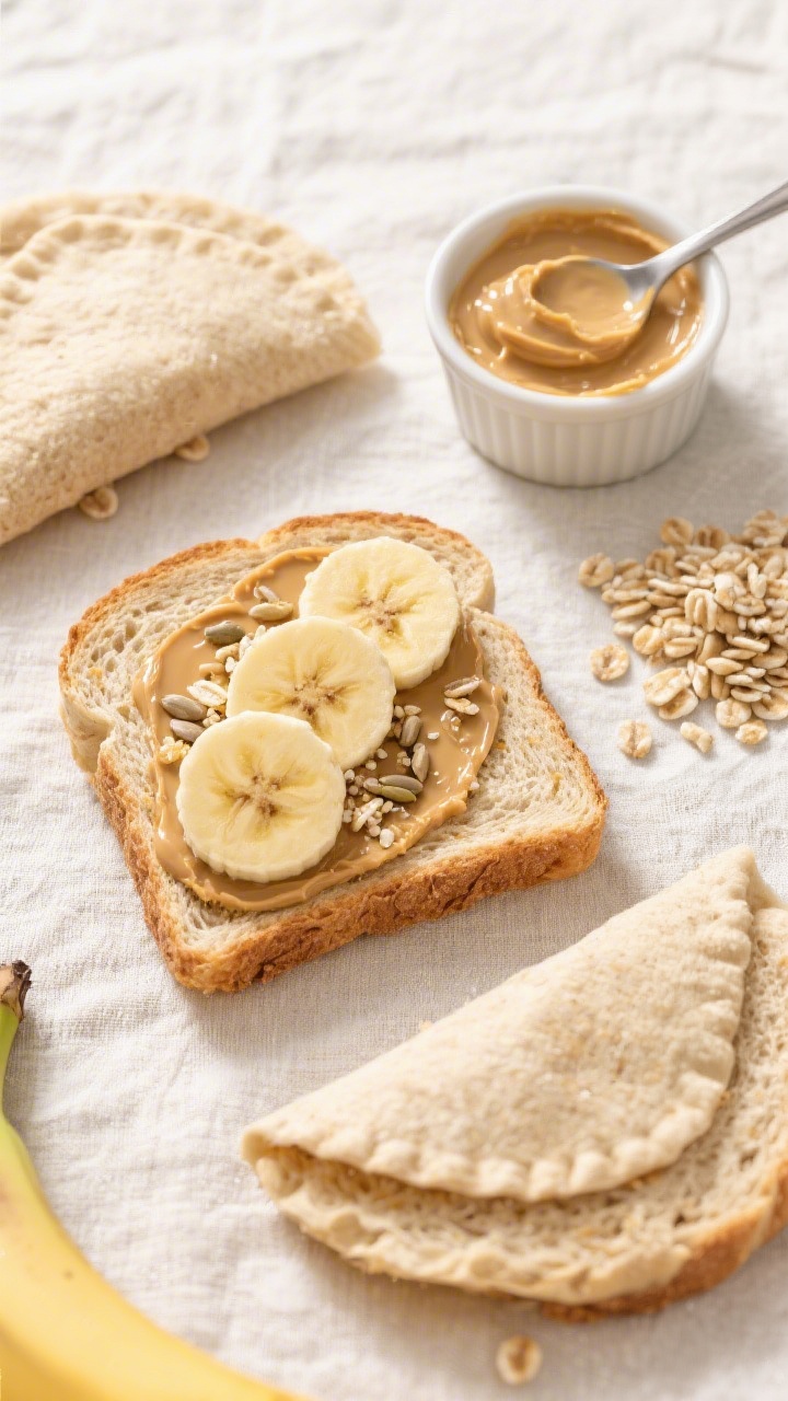 Overhead ingredient-prep shot for sunbutter banana crunch pockets (nut-free): four slices of soft whole-wheat sandwich bread with crusts on, one slice spread edge-to-edge with sunflower seed butter, topped with neat overlapping rounds of ripe banana, and a sprinkle trail of crispy rice cereal adding texture; a small ramekin of sunflower seed butter, a spoon with a swoosh, and a tiny pile of crispy rice on a light linen; bright, kid-safe lunch tone, clean minimal styling, ready to be folded or sealed into “pockets,” focus on creamy-smooth spread, tender banana, and crunchy cereal contrast.