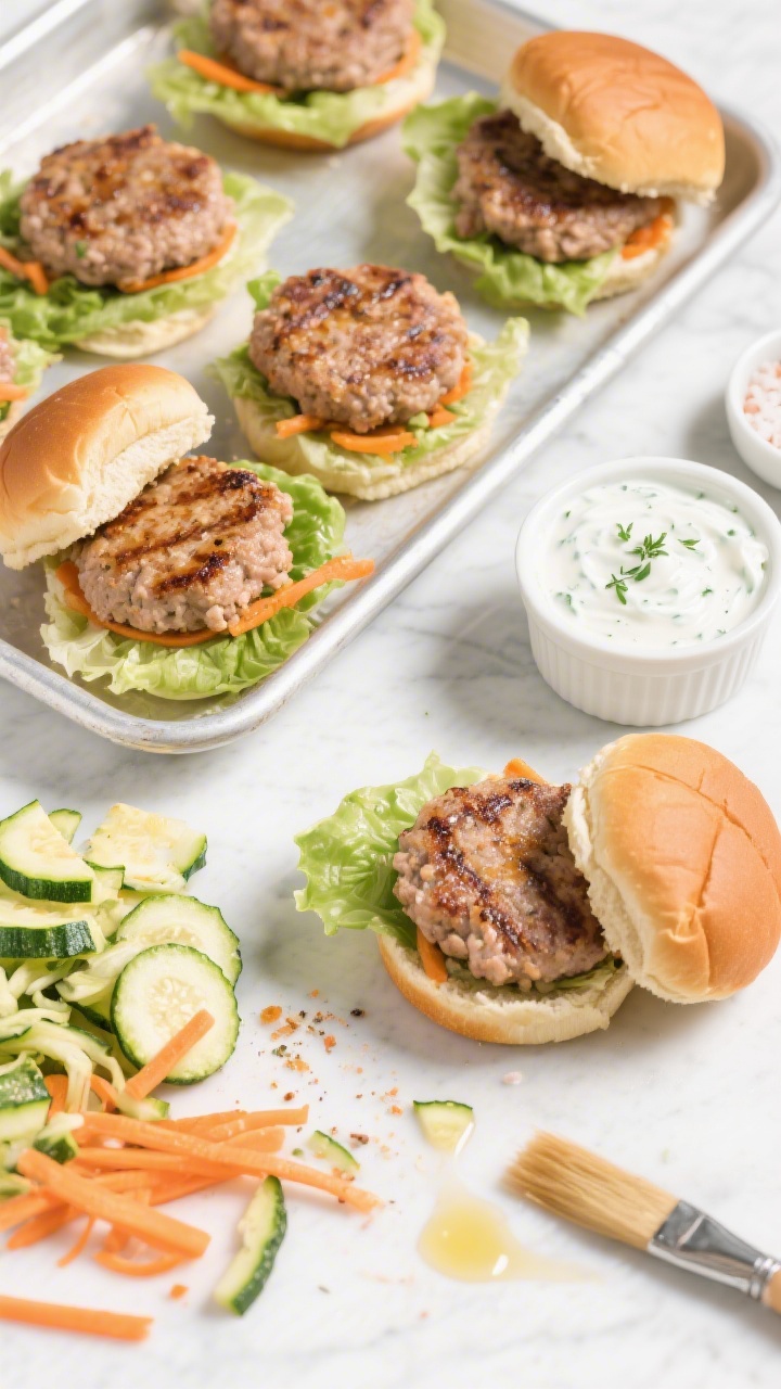 Overhead ingredient-to-assembly scene for mini turkey veggie sliders with yogurt ranch: a tray of seared, juicy mini turkey patties made with ground turkey, finely grated zucchini (squeezed dry), finely grated carrot, minced onion or onion powder, and Worcestershire sauce; some patties nestled in mini slider buns with crisp lettuce; a ramekin of creamy yogurt ranch with herb flecks; stray shreds of zucchini and carrot, a brush of oil sheen on the patties, and a small dish of flaky salt; bright, clean styling to feel kid-friendly yet appetizing.