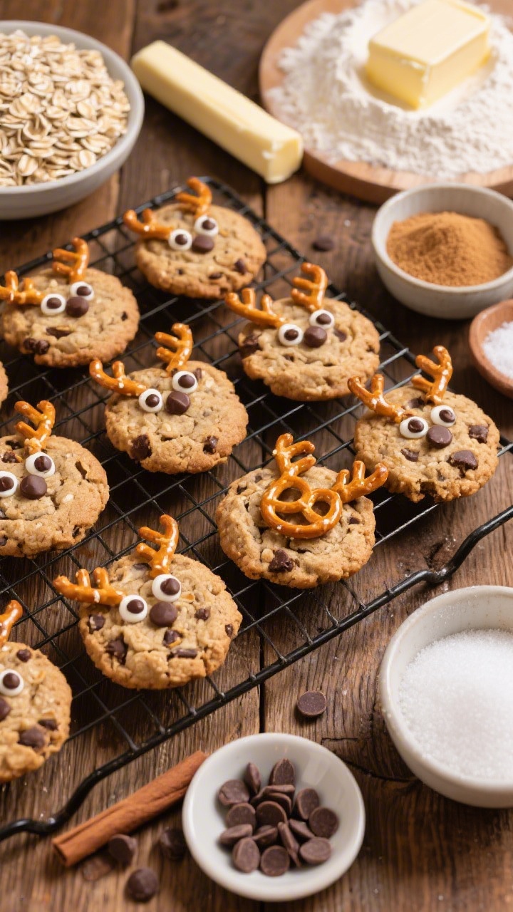 Overhead ingredient-to-assembly scene for reindeer oatmeal chocolate chip cookies with pretzel antlers: a cooling rack of round oatmeal chocolate chip cookies each decorated with mini pretzel twists as antlers and chocolate chips for eyes, with one cookie mid-assembly showing placement of pretzels. Surround with ingredient cues: a mound of rolled oats next to all-purpose flour, a stick of softened unsalted butter, packed light brown sugar and granulated sugar in separate bowls, cinnamon and salt in pinch dishes, baking soda, and scattered chocolate chips. Cozy rustic wood surface, warm tones, emphasis on crunchy pretzel texture meeting chewy oatmeal cookie crumb.