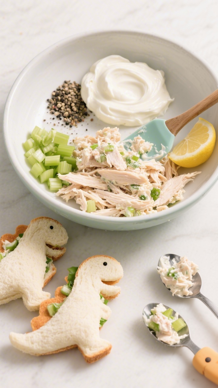 Overhead ingredient-to-assembly shot for chicken salad dino pockets with hidden veggie crunch: a mixing bowl with shredded chicken, plain Greek yogurt, mayonnaise, lemon juice, salt, black pepper, and finely diced celery being folded together with a spatula; next to it, cute dinosaur-shaped sandwich pockets made from soft white bread waiting to be filled, a small cutter, and a spoonful of the creamy chicken salad showing celery bits; playful kid-friendly styling, crisp focus, soft neutral background, bright natural light.