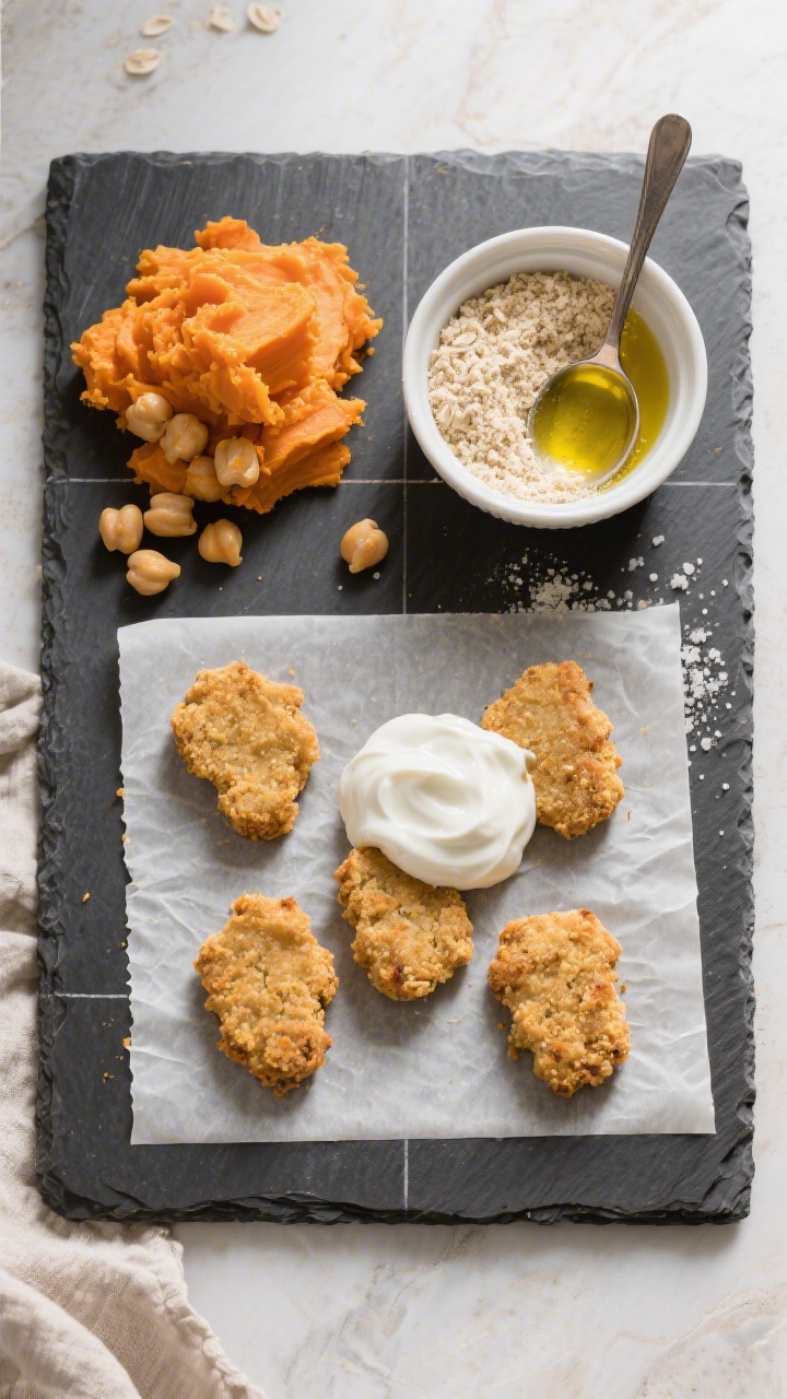 Overhead ingredient-to-assembly shot for sweet potato chickpea “nuggets”: a dark slate board divided into neat sections—one mound of vibrant orange mashed roasted sweet potato, a small pile of drained and rinsed chickpeas, a ramekin of oat flour/fine breadcrumbs, a spoonful of olive oil, and a pinch of salt; hand-formed nugget shapes arranged on parchment ready for baking, plus a small bowl of creamy yogurt ranch; bright, natural light emphasizing textures.