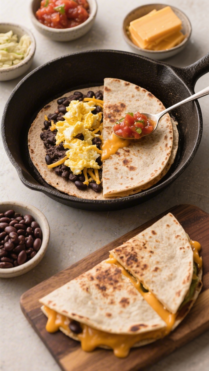 Overhead ingredient-to-assembly shot of a Savory Breakfast Quesadilla with Hidden Beans: whole-wheat tortilla open-faced in a skillet, one side layered with mashed black beans, softly scrambled eggs, and shredded Monterey Jack, a spoonful of mild salsa dotted on top; another finished quesadilla cut into triangles on a nearby board with gooey cheese pull; small bowls of beans, salsa, and cheese arranged around; warm tones, crisp detail on tortilla char and melty cheese.
