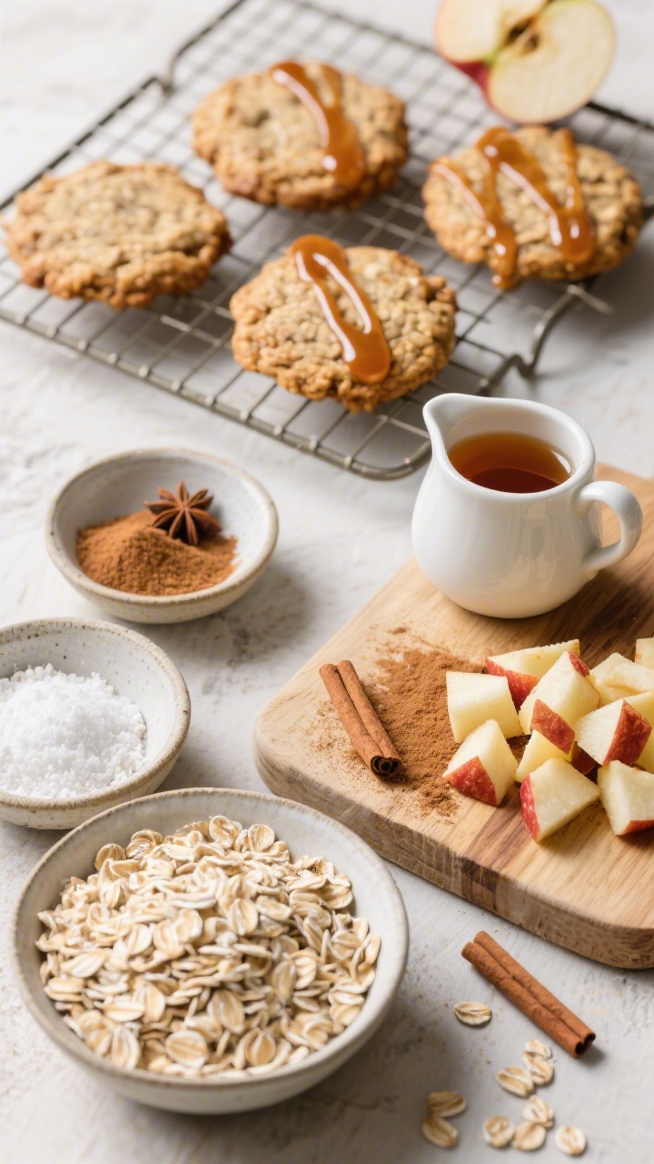 Overhead ingredient-to-bake transition for Apple Pie Oatmeal Cookies: a rustic scene showing white whole wheat flour, ground cinnamon, nutmeg, baking powder, baking soda, fine salt in small bowls, and a pile of old-fashioned rolled oats; apple dices tossed in cinnamon on a cutting board, and a small pitcher of maple syrup ready for the post-bake drizzle; include a few just-baked oatmeal cookies cooling on a rack with a glossy maple drizzle ribboning over the top; bright, clean light emphasizing warm browns, tans, and apple tones