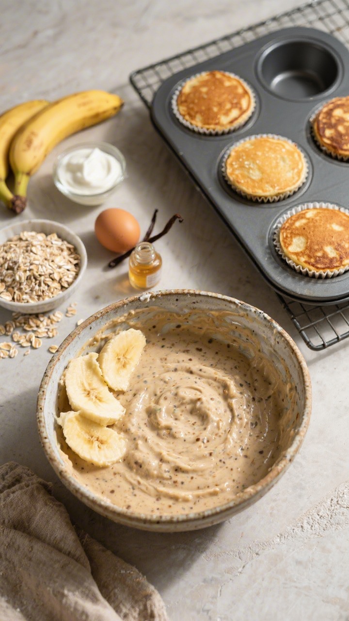 Overhead ingredient-to-batter scene for pancake muffins: a rustic mixing bowl with mashed ripe bananas, eggs, plain yogurt, vanilla extract, rolled oats, and whole-wheat flour mid-fold, showing a thick, speckled batter. Nearby, a nonstick muffin tin lined and half-filled, a few finished golden pancake muffins with oat flecks cooling on a rack. Natural morning light, soft shadows, wholesome breakfast vibe.
