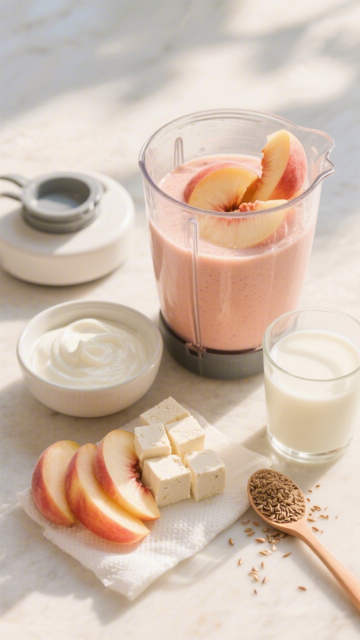 Overhead ingredient-to-blender prep shot for a Peachy Keen Smoothie with hidden tofu: neatly arranged sliced peaches (slightly thawed if frozen), silken tofu cubes drained on a paper towel, a small bowl of vanilla/plain yogurt, a glass of milk, and a tablespoon of ground flax or similar “g” seed component; blender lid off with peaches ready to tip in, warm sunlit scene with pale peach and cream hues, clean minimal styling, no people.