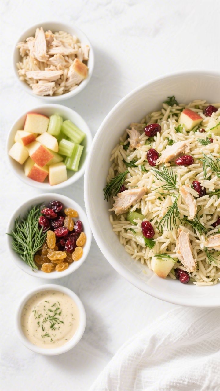 Overhead ingredient-to-bowl transition for Sweet-Apple Chicken Dilly Orzo: a two-part composition—left side shows raw components neatly arranged in small bowls (cooked orzo, finely diced rotisserie chicken, small-diced honeycrisp or gala apple, diced celery, dried cranberries or golden raisins, chopped fresh dill, and a small dish of creamy dill dressing); right side shows the finished orzo salad mixed and glistening in a large white mixing bowl, with dill fronds and cranberry jewels visible; bright, cheerful mood, crisp textures, minimal props.