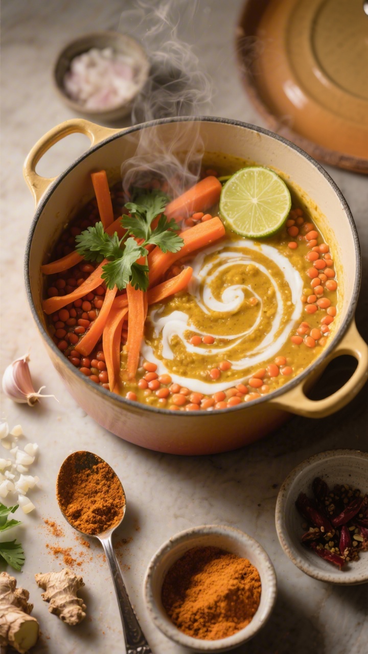 Overhead ingredient-to-cooking transition shot for cozy lentil coconut curry with carrot ribbons: a Dutch oven with simmering red lentils in a turmeric-coconut milk base, swirls of creamy coconut, ribbons of peeled carrot softening at the surface; visible aromatics like minced garlic, ginger, and curry powder in tiny prep bowls; a tablespoon measure (1 tablespoon) dusted with curry powder placed near the pot; garnished with cilantro and a squeeze of lime; warm, amber lighting to emphasize comfort, subtle steam rising.
