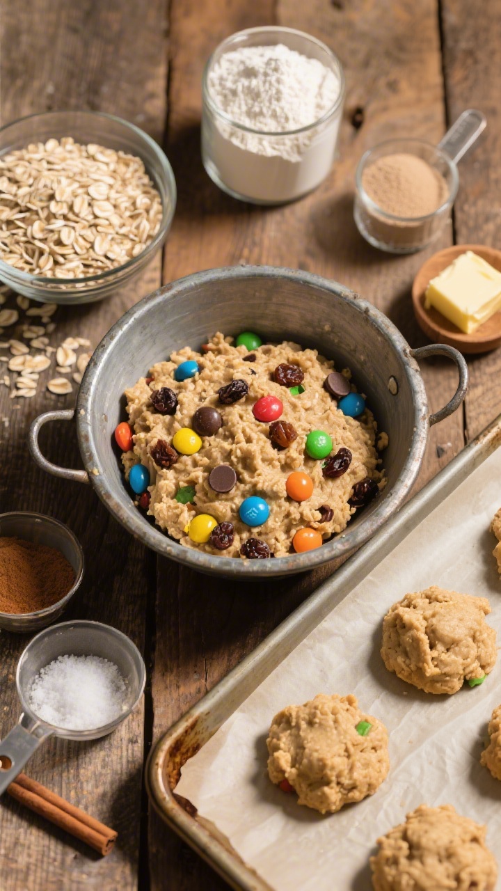 Overhead ingredient-to-dough scene for Chewy Oatmeal Monsters With Mix-Ins Kids Pick: a rustic metal mixing bowl of oatmeal cookie dough studded with kid-chosen mix-ins (chocolate chips, colorful candy-coated chocolates, chopped raisins), surrounded by measured ingredients—old-fashioned oats, all-purpose flour, baking soda, baking powder, fine salt, ground cinnamon, softened unsalted butter; a parchment-lined tray with a few scooped dough mounds ready to bake; warm, textured styling on a wooden surface, natural directional light.