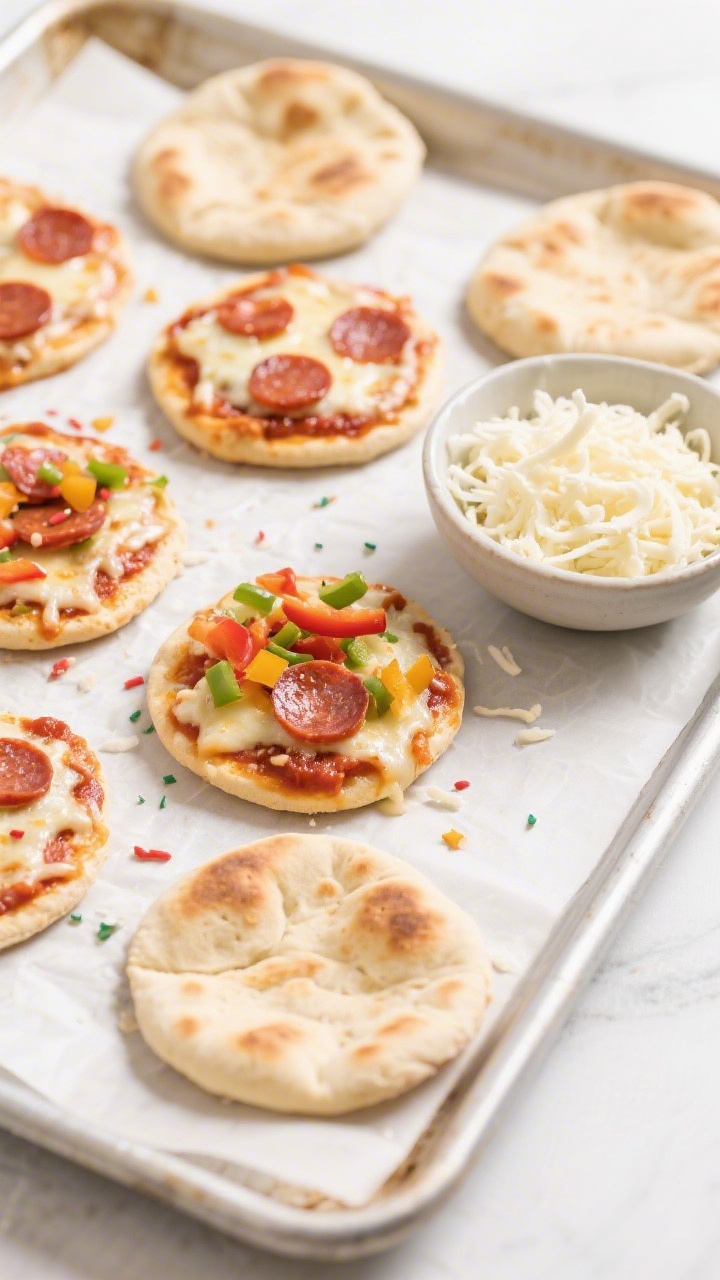 Overhead ingredient-to-final assembly shot of mini pita pizzas on a parchment-lined baking sheet: some pitas already baked with bubbly mozzarella, dollops of pizza sauce, and mini pepperoni; others mid-assembly with sauce spread, finely chopped mixed bell peppers sprinkled like confetti, and a bowl of shredded mozzarella nearby; clean, bright styling, crisp edges, melted cheese blisters in focus, vibrant kid-friendly colors without showing hands or people