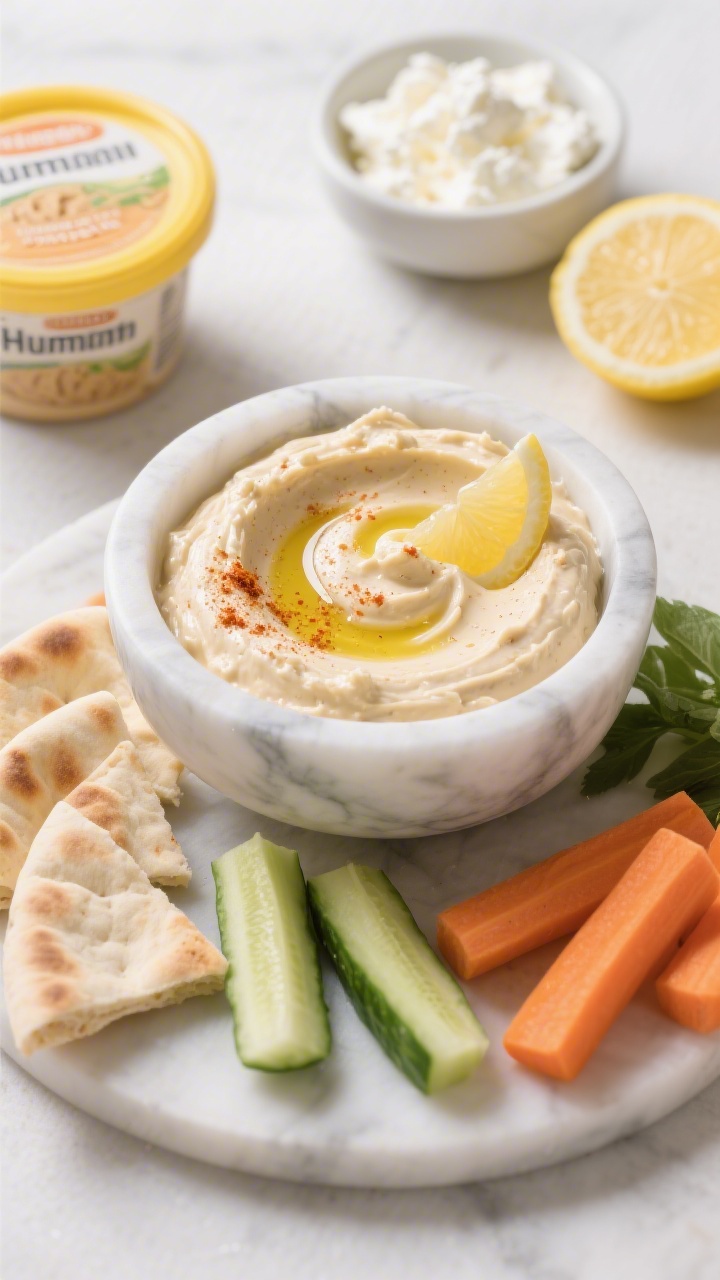 Overhead ingredient-to-final dip scene: a marble bowl half-filled with creamy blended hummus–cottage cheese dip, silky and pale with a swirl of olive oil, dusting of mild paprika, and a squeeze of lemon; surrounded by soft warm pita triangles, peeled cucumber sticks, and steamed carrot batons; props include a tub of classic hummus, a small bowl of full-fat cottage cheese, and a cut lemon; bright, clean, Mediterranean feel.