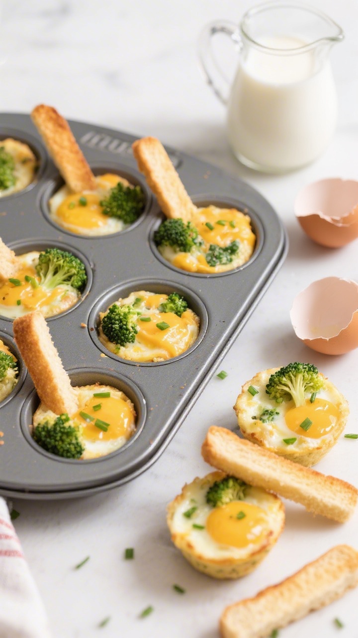 Overhead ingredient-to-final transition for cheesy broccoli egg bites with toast dippers: a nonstick muffin tin filled with set, puffed egg bites—visible finely chopped steamed broccoli and melted mild cheddar, flecks of chive on top—alongside a few bites removed and stacked to show tender, custardy centers. Golden toast batons arranged as dippers, a small pitcher of whole milk and cracked eggshells off to the side, clean bright lighting to emphasize the kid-friendly, high-protein snack.