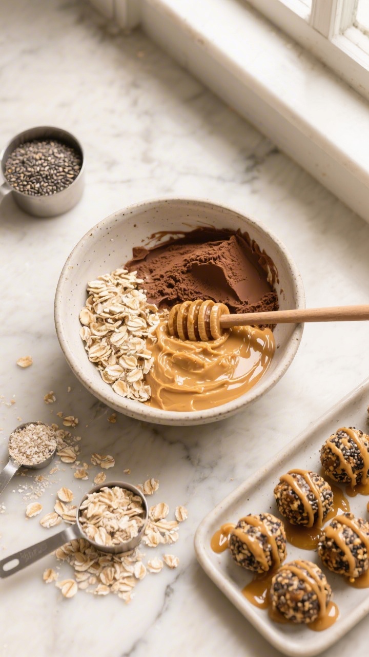 Overhead ingredient-to-finish flat lay for No-Bake Chocolate Peanut Butter Power Bites: a mixing bowl with natural peanut butter, honey, and chocolate protein powder partially folded together, quick oats and chia seeds sprinkled around, measuring cups dusted with oats, a small tray of neatly rolled bites drizzled with a hint of honey, warm neutral tones on a marble surface, soft window light, high contrast to show glossy peanut butter and speckled chia texture.