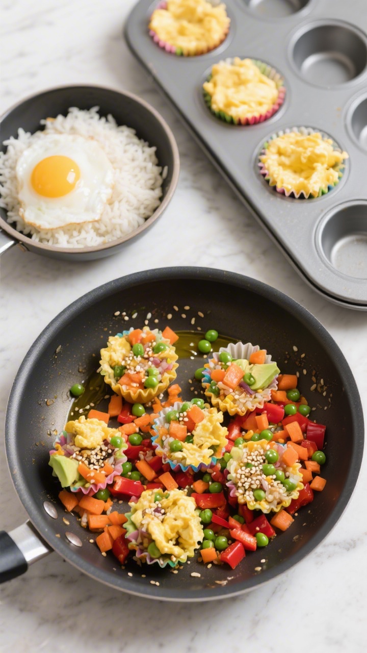 Overhead ingredient-to-fry shot of rainbow fried rice cups with eggy scramble: a nonstick skillet with sesame/avocado oil showing very finely diced carrots, finely diced red bell pepper, and petite green peas sautéing; a bowl of day-old white/jasmine rice ready to add, and a separate small pan with soft, fluffy egg scramble; later intention to press into muffin cups implied by a nearby empty muffin tin; vibrant colors, clean mise en place on a light countertop.