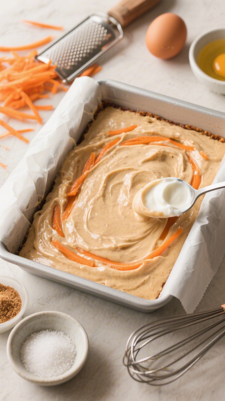 Overhead ingredient-to-oven scene: Fluffy Carrot Snack Layer batter just poured into a parchment-lined square pan; ribbons of finely grated carrots visible in the glossy batter enriched with light brown sugar, granulated sugar, neutral oil, eggs, and a spoonful of plain full-fat yogurt; surrounding mise en place—microplane with carrot shavings, small bowls of sugars, whisk with streaks of batter; warm, homey light, process-focused composition.