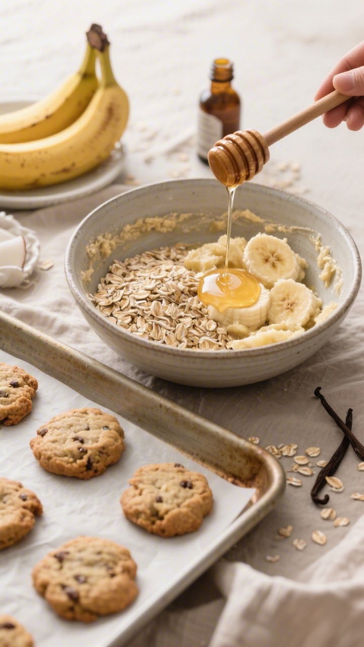 Overhead ingredient-to-tray scene for soft banana-oat breakfast cookies: a mixing bowl with well-mashed ripe bananas, old-fashioned oats folded in, and a sheen of melted coconut oil; honey being drizzled into the mixture (captured mid-pool), vanilla extract nearby; pre-scooped mounds on a parchment-lined baking sheet ready for the oven; wholesome, morning feel with neutral linens, soft diffused natural light, earthy tones emphasizing oats and banana flecks.