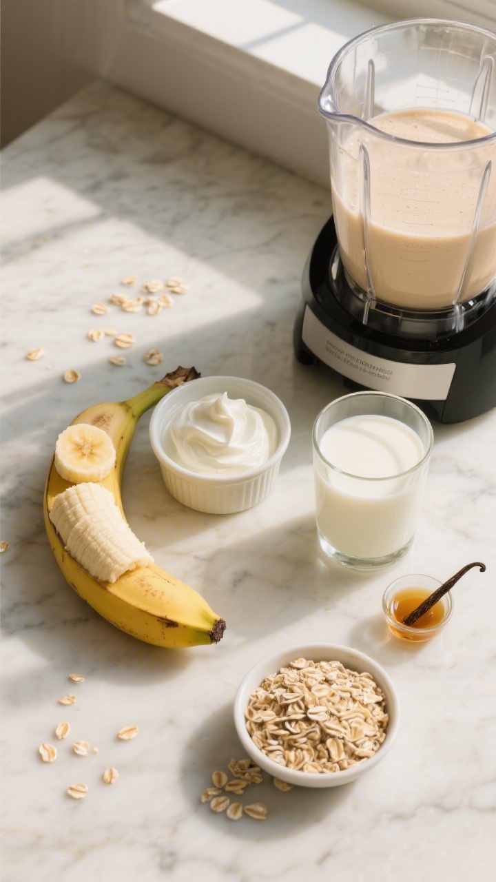 Overhead ingredients flat lay for a Banana Pudding Power Shake: sliced ripe banana, a dollop of thick unsweetened whole-milk Greek yogurt in a small ramekin, a glass of milk, a neat pile of quick oats, and a tiny dish of vanilla extract; set on a light marble surface with a high-speed blender jar open, a few oat flecks scattered, warm creamy tones suggesting a dessert-like mood, soft natural window light, professional food styling, no people.