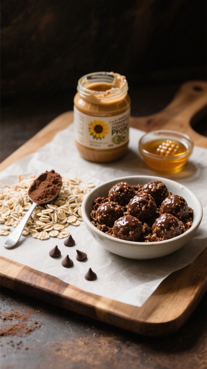 Overhead ingredients-to-final process scene for no-bake chocolate protein bites: a parchment-lined board with rolled oats, a scoop of chocolate protein powder, a jar of natural peanut butter (and a sunflower seed butter jar for school-safe), and a small bowl of honey; half the mixture in a bowl, half shaped into glossy round bites dusted lightly with cocoa; a few chocolate chips scattered; warm, moody lighting highlighting sticky, chewy texture; minimal props, clean lines.