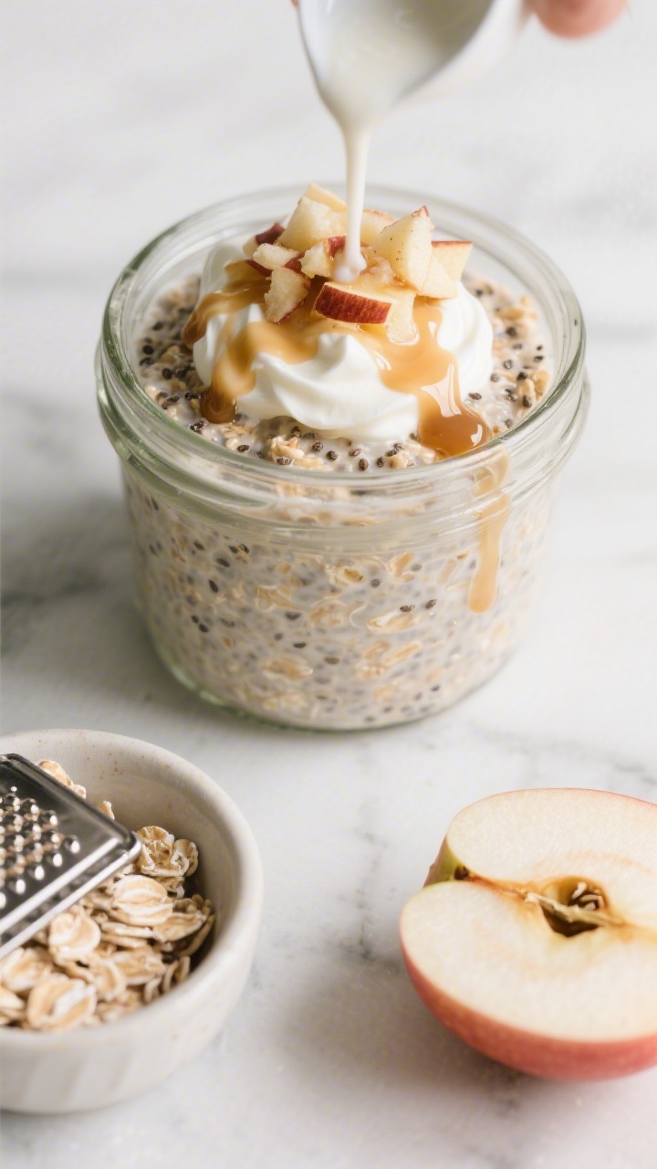 Overhead jar shot of apple pie overnight oats: rolled oats and chia seeds swelled in whole milk with a swirl of full-fat Greek yogurt, topped with finely grated apple and a pinch of cinnamon; a small warm milk drizzle poured over the mound creating glossy rivulets; ingredients styled around—rolled oats, chia pinch bowl, a half apple with fine grater—on a light marble surface, clean, cozy morning vibe.