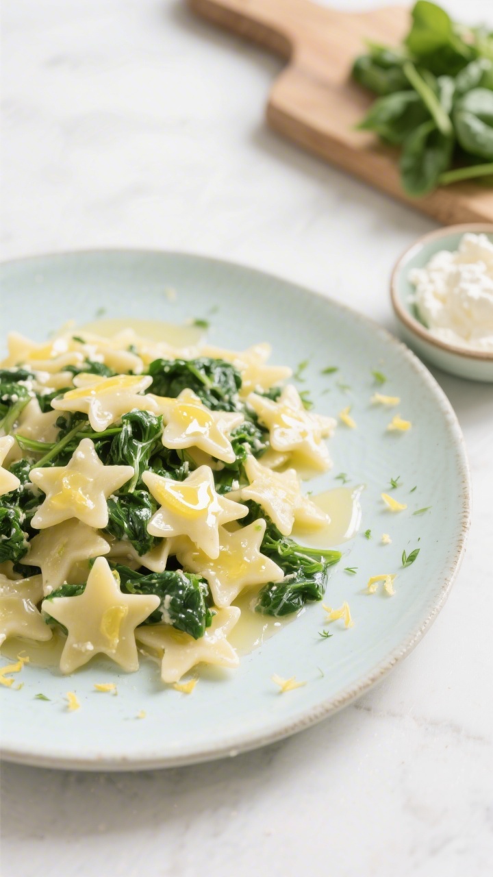 Overhead minimalistic presentation of spinach ricotta star pasta with lemon butter drizzle: stelline (pastina) coated in a creamy mixture of whole milk ricotta and finely chopped baby spinach (squeezed dry), finished with a shiny drizzle of melted butter kissed with lemon. Served on a pale ceramic plate with micro zests of lemon scattered, a tiny dish of ricotta to the side, and neatly chopped spinach on a cutting board corner. Soft green and white palette, bright natural light, clean styling to emphasize tender, delicate texture.
