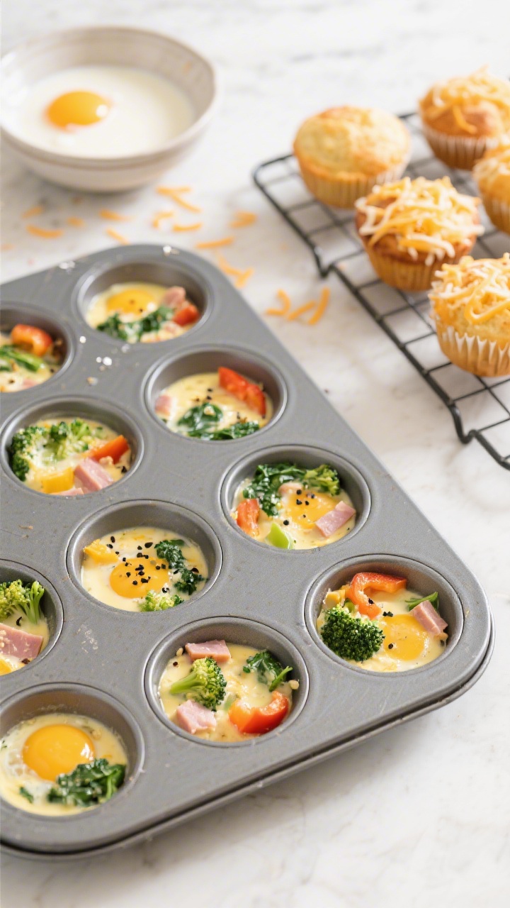 Overhead muffin-tin prep shot for Cheesy Veggie Egg Muffins: a nonstick muffin pan filled with whisked egg mixture speckled with black pepper, chopped bell pepper, spinach, and broccoli, bits of cooked ham folded in, a bowl of beaten eggs with milk and salt nearby, scattered shredded cheese ready to top, a few baked muffins cooling on a rack to show final look, bright, clean kitchen light.