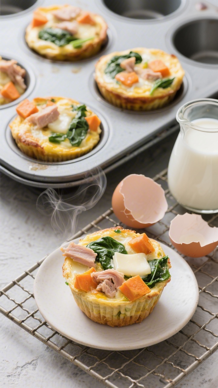 Overhead muffin-tin scene of mini veggie omelet cups just out of the oven: puffed egg cups with diced sweet potato, chopped baby spinach, bits of cooked turkey, and melted mozzarella/mild cheese on top; a small jug of milk and cracked eggshells nearby; a cooling rack underneath the tin; one cup cut open on a plate to show the tender, packed interior; clean, savory aroma implied with steam wisps.
