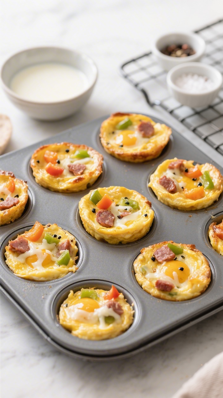 Overhead muffin tin scene of savory omelet cups just out of the oven: golden, puffed egg bites studded with melted mozzarella, diced turkey sausage, finely chopped bell pepper, and flecks of black pepper; a small bowl of beaten eggs with milk nearby, pinch bowls of salt and pepper, and a cooling rack; clean, bright kitchen light highlighting texture and color contrast.