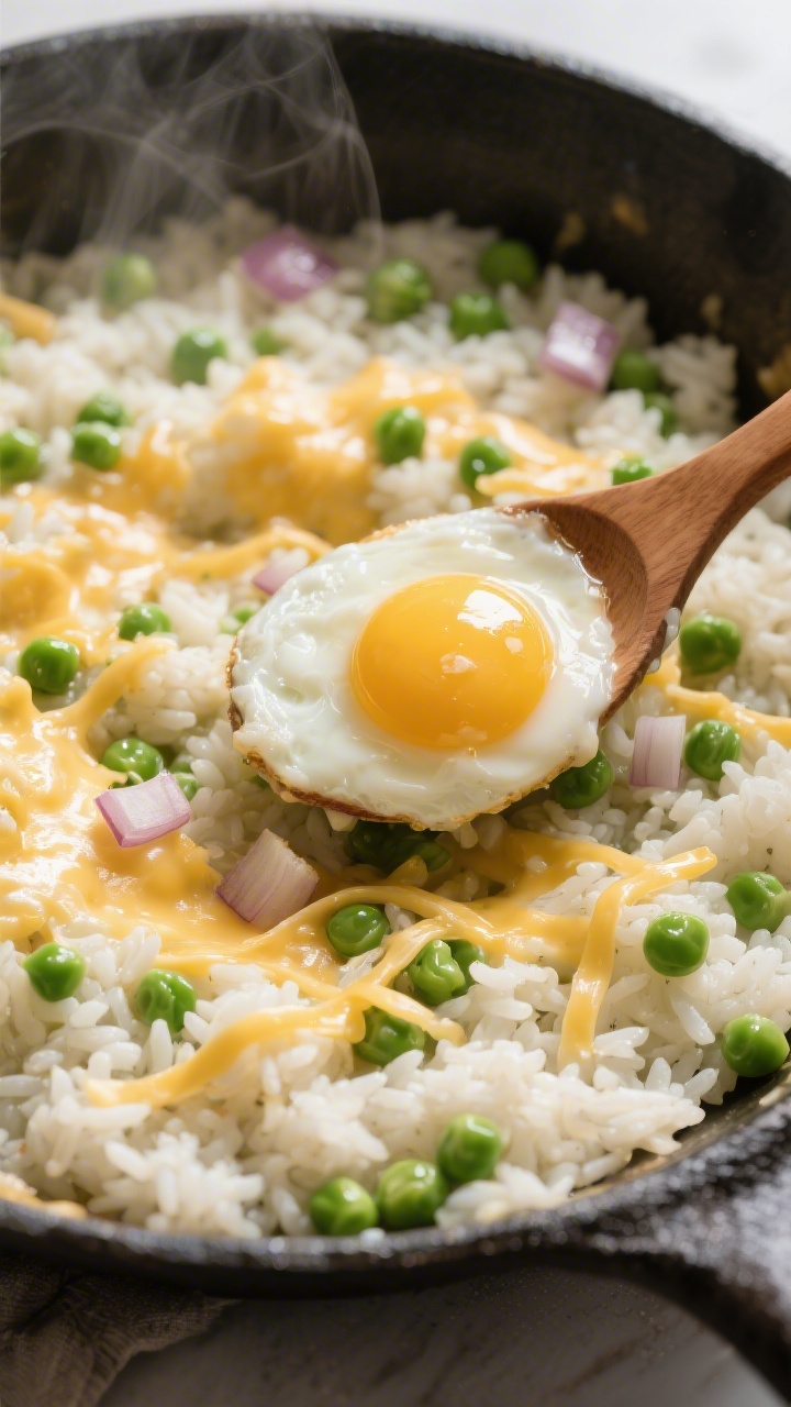 Overhead one-pan scene of cozy cheesy rice with peas and a soft-set egg: a shallow skillet filled with creamy short-grain white rice simmered in low-sodium chicken stock, glossy from butter, studded with sweet green peas, finished with melted cheese threads, and topped with a just-set egg with a runny yolk. Finely chopped onion pieces visible, a wooden spoon lifting a scoop to show creamy consistency. Warm, homestyle mood, gentle steam, minimal props to emphasize the comforting, cheesy texture.