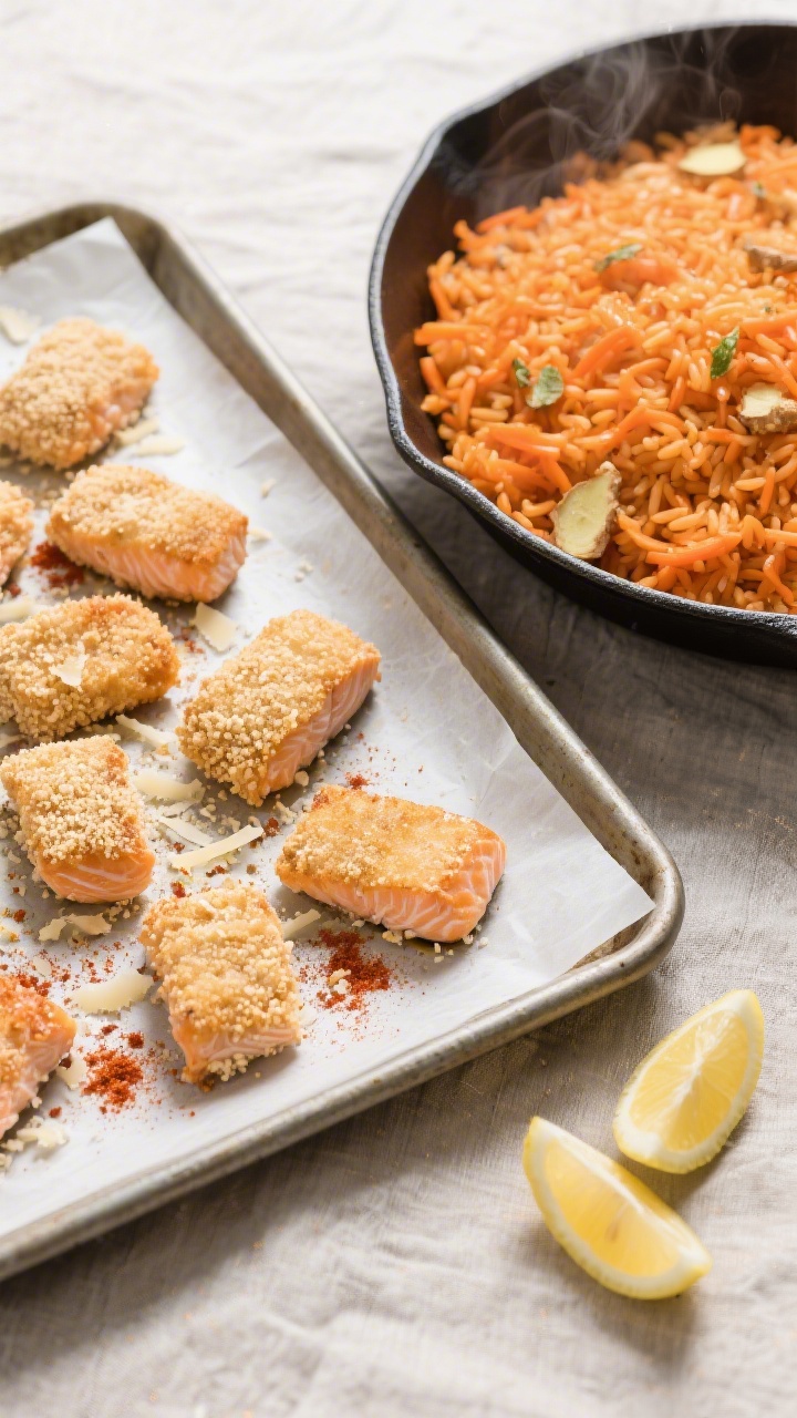 Overhead one-pan scene of salmon nuggets with carrot-ginger rice: sheet pan lined with parchment featuring salmon nuggets coated in plain breadcrumbs/panko and a dusting of sweet paprika, lightly speckled with grated Parmesan; nuggets are crisp and golden. Next to the pan, a shallow skillet of fluffy carrot-ginger rice—warm orange hues from finely grated carrot, glossy grains, and visible ginger flecks. Garnish with a few lemon wedges off to the side. Neutral linen, subtle steam, high-end editorial styling with clear separation of textures.