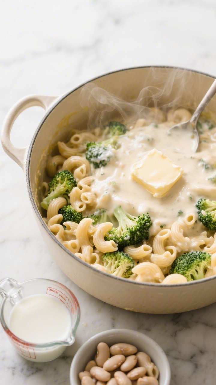 Overhead one-pot scene: A cream-colored Dutch oven filled with creamy broccoli mac made with small elbow pasta, tiny broccoli florets, blended with low-sodium broth, milk, and a pat of butter melting on top. Velvety cheese sauce coating the pasta, with a spoon trail showing glossy creaminess. Steamy, cozy vibe on a marble surface; nearby measuring cup with milk residue and a small bowl of cooked white beans hinting at the hidden blend-in.