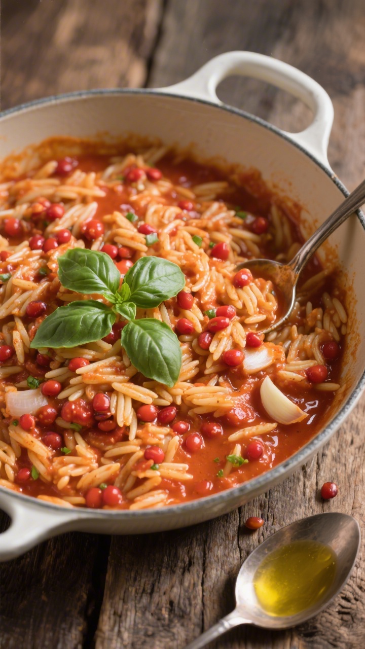 Overhead one-pot scene of creamy tomato orzo with sneaky lentils: a wide, shallow enamel pot filled with glossy orzo coated in silky tomato sauce, tender red lentils folded in, tiny specks of very finely minced shallot/onion and optional garlic visible; a drizzle of olive oil catching the light, low-sodium broth ladle nearby; garnished with a few torn fresh basil leaves for aroma and color contrast; warm, inviting mood, tight composition on a rustic wood surface, spoon resting in the pot to suggest creaminess.